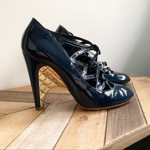 Chanel Blue & Gold Strappy Mary Janes - Picture 3 of 16
